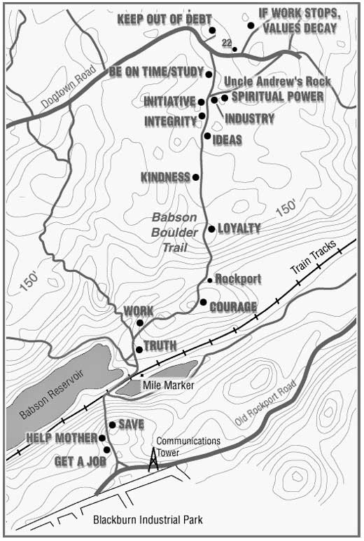 Map showing locations of Babson boulders by slogan.