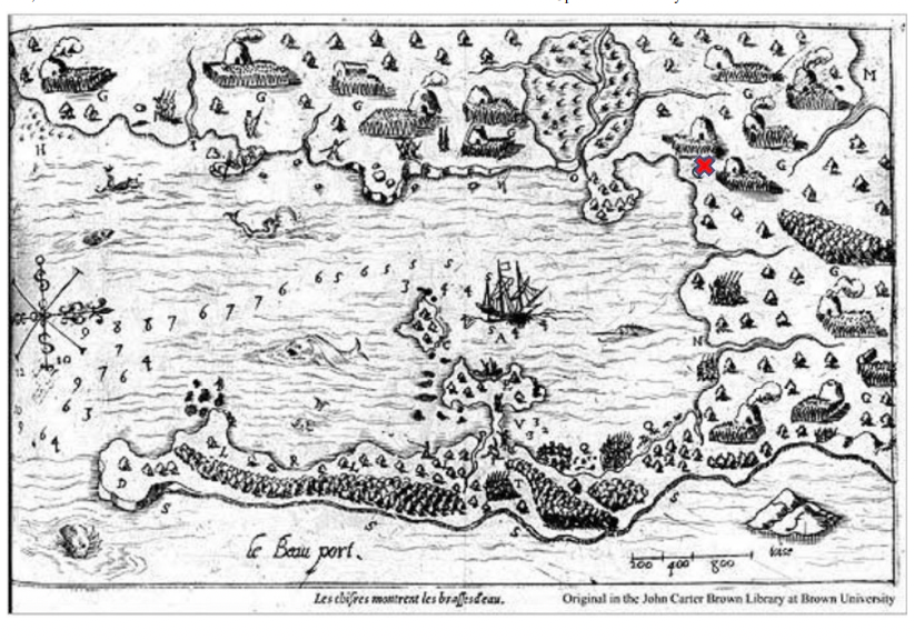 Hand drawn map of Gloucester Harbor with trees, houses and streams drawn; a red x is marked along the northeast of the harbor.