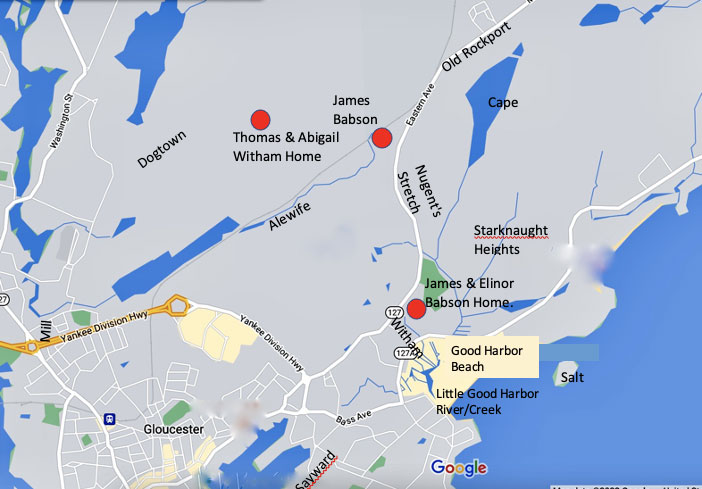 map showing red dots at Thomas & Abigail Witham Home, James Babson Cooperage and James & Elinor Babson Home.