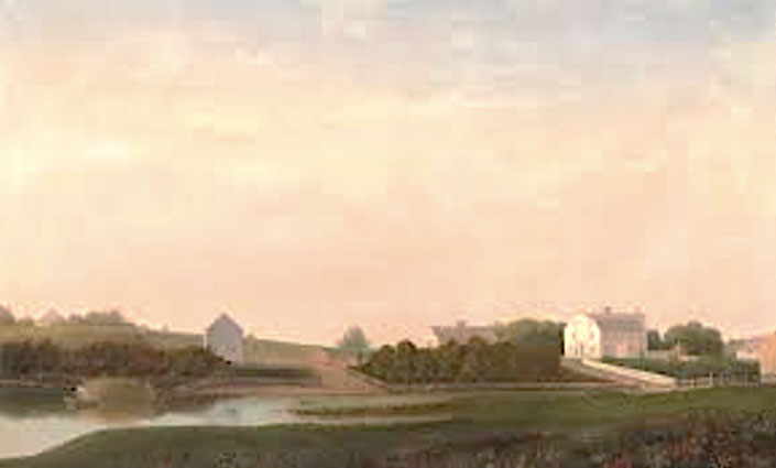 Painting of a meadow at sunset with houses and pond.