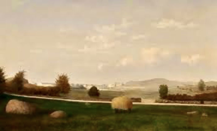 Painting of a meadow with hay.