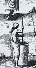 Drawing of a woman and log mortar.
